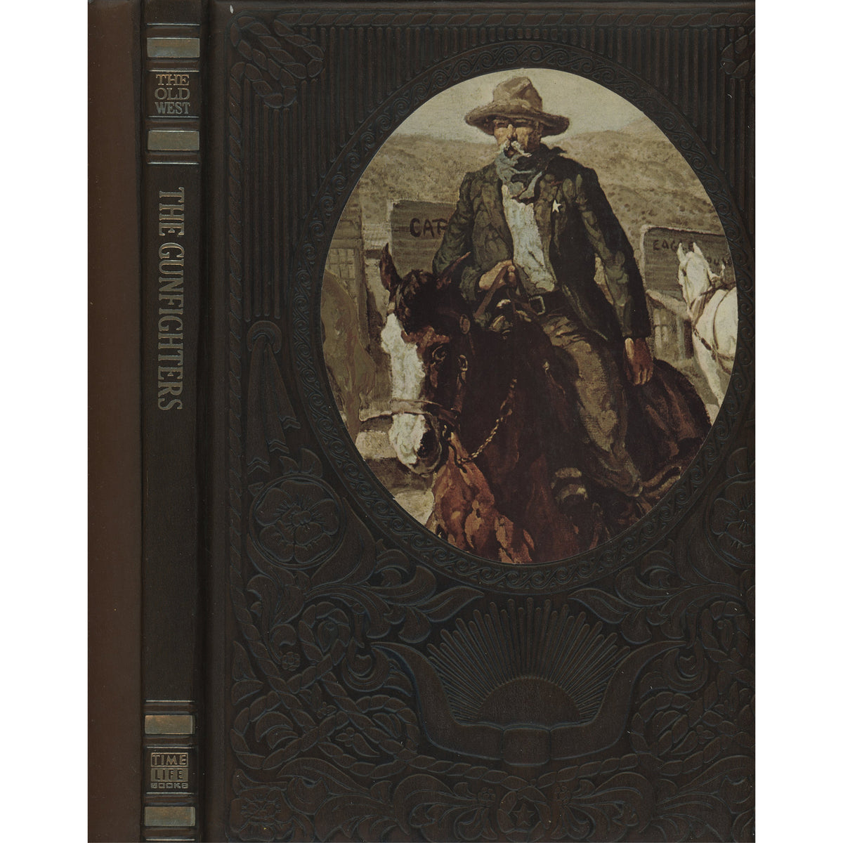 A vintage hardcover book titled "The Gunfighters featuring an embossed dark brown cover with a central oval illustration of a cowboy on a horse.