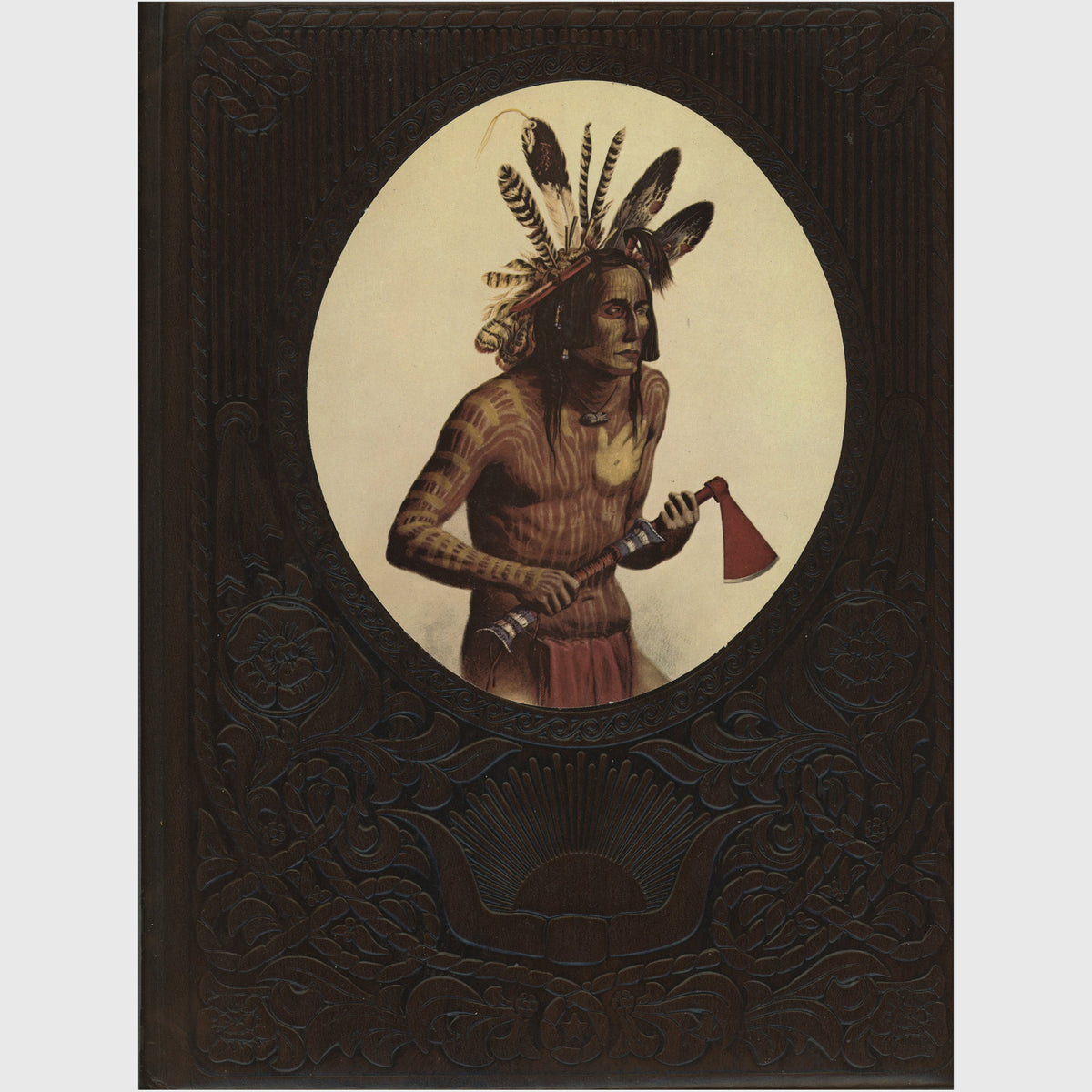 Vintage Time Life book titled 'The Indians' with an embossed dark brown cover, featuring a circular portrait illustration of a Native American wearing a feathered headdress on the front cover.