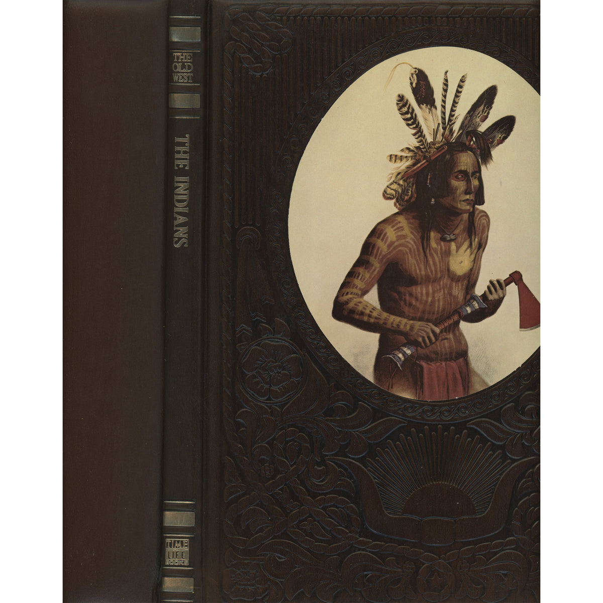 Vintage book titled 'The Indians' with an embossed dark brown cover, featuring a circular portrait illustration of a Native American wearing a feathered headdress on the front cover.