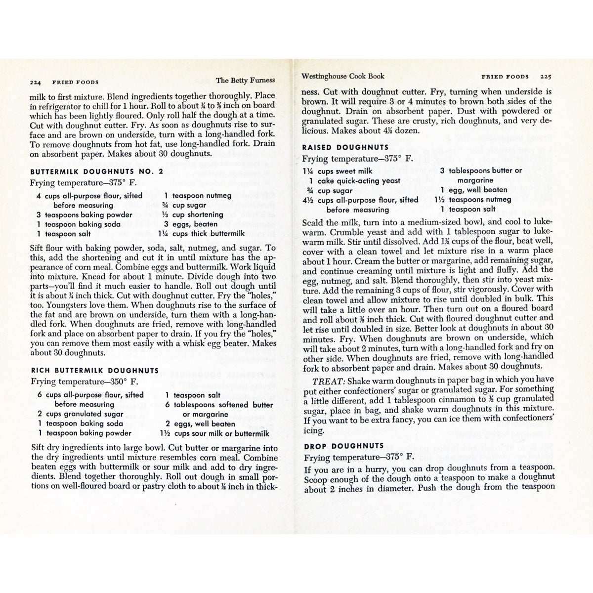 Recipe page from the 1954 BETTY FURNESS Westinghouse Cook Book with doughnut recipes.