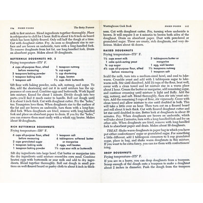 Recipe page from the 1954 BETTY FURNESS Westinghouse Cook Book with doughnut recipes.