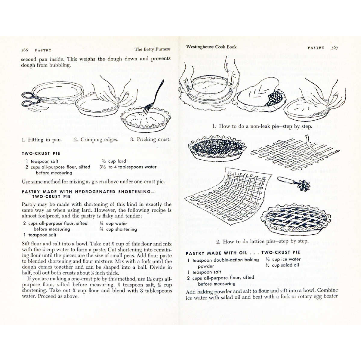 Recipe page from the 1954 BETTY FURNESS Westinghouse Cook Book showing illustrated recipes for pastry, including two-crust pie and a no-bake pie, with step-by-step instructions and drawings of hands mixing dough and assembling pie crusts.