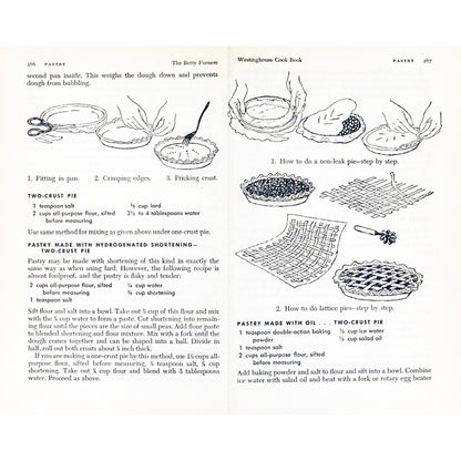 Recipe page from the 1954 BETTY FURNESS Westinghouse Cook Book showing illustrated recipes for pastry, including two-crust pie and a no-bake pie, with step-by-step instructions and drawings of hands mixing dough and assembling pie crusts.