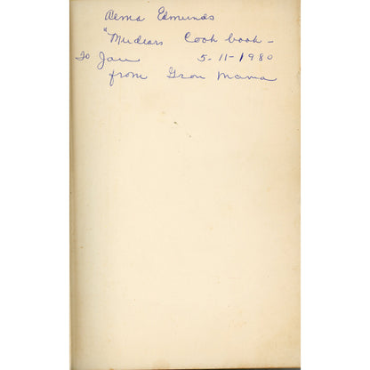 A handwritten inscription in blue ink inside copy of the 1954 BETTY FURNESS Westinghouse Cook BOOK from Gran Mama to Jan. Alma Edmunds written above.
