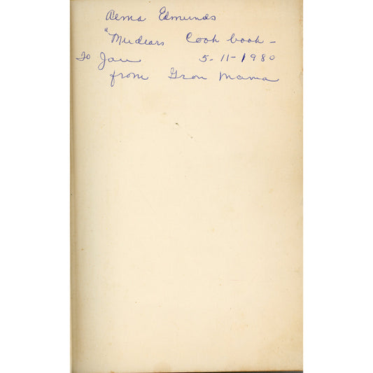 A handwritten inscription in blue ink inside copy of the 1954 BETTY FURNESS Westinghouse Cook BOOK from Gran Mama to Jan. Alma Edmunds written above.