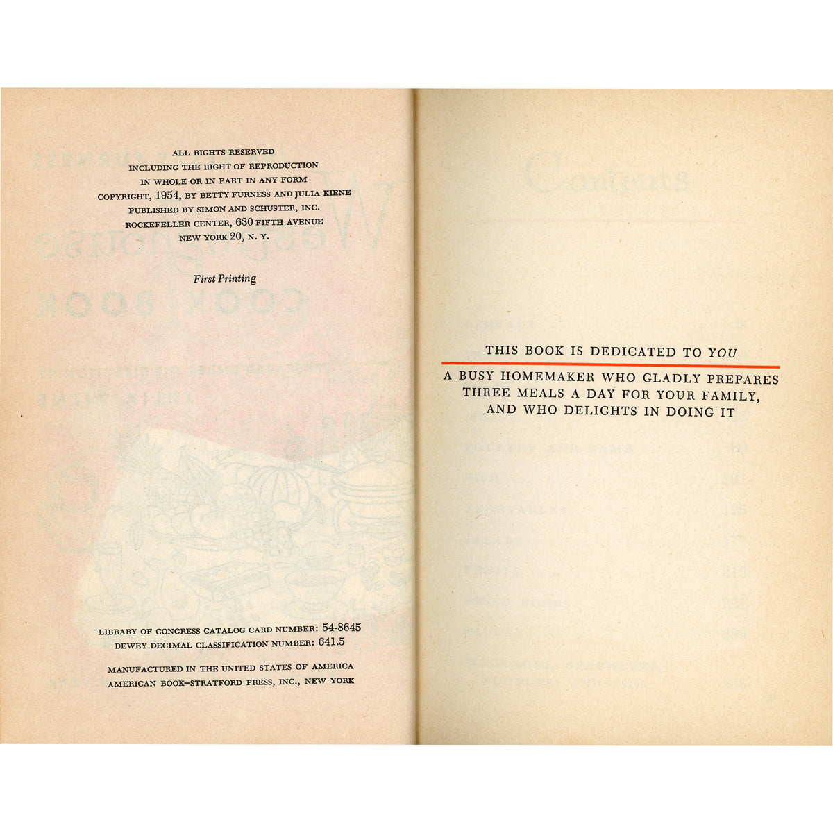 Title and dedication page from the 1954 BETTY FURNESS Westinghouse Cook Book.