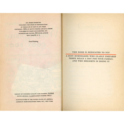 Title and dedication page from the 1954 BETTY FURNESS Westinghouse Cook Book.