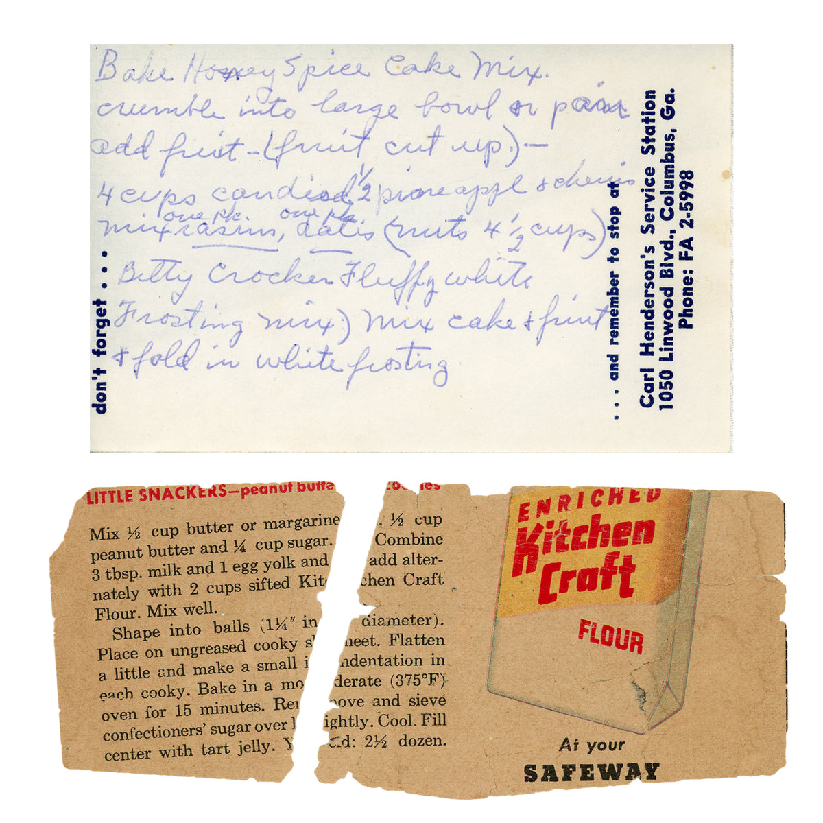 A vintage handwritten recipe written on notepad from the Carl Henderson's Service Station in Columbus, Georgia and torn pieces of an old Enriched Kitchen Craft Flour advertisement.