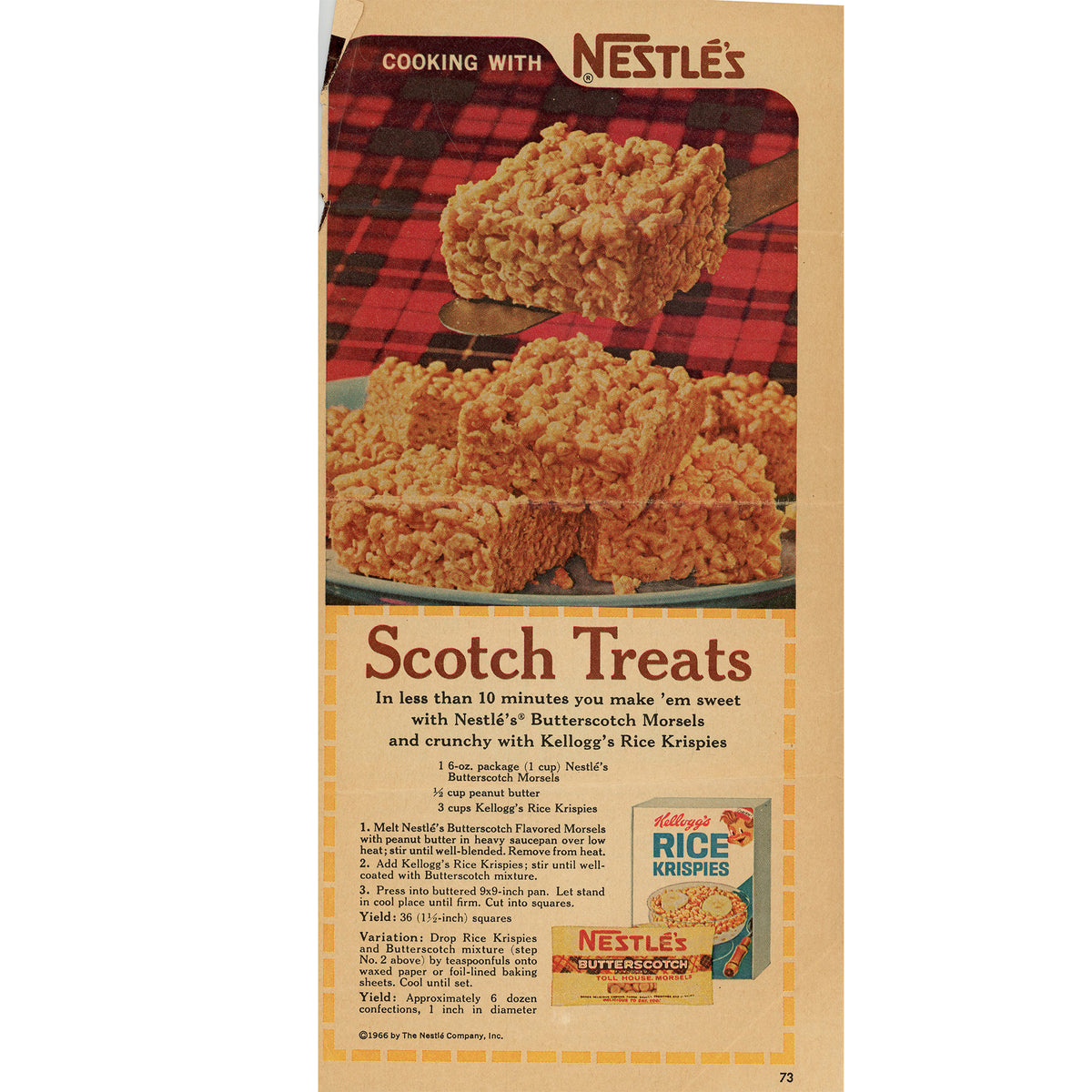 Vintage Nestle's Scotch Treats magazine or newspaper recipe  featuring a tan background with a large photo of golden marshmallow treats, red plaid header, and product text including 'Cooking with Nestle's' and 'Scotch Treats.'.