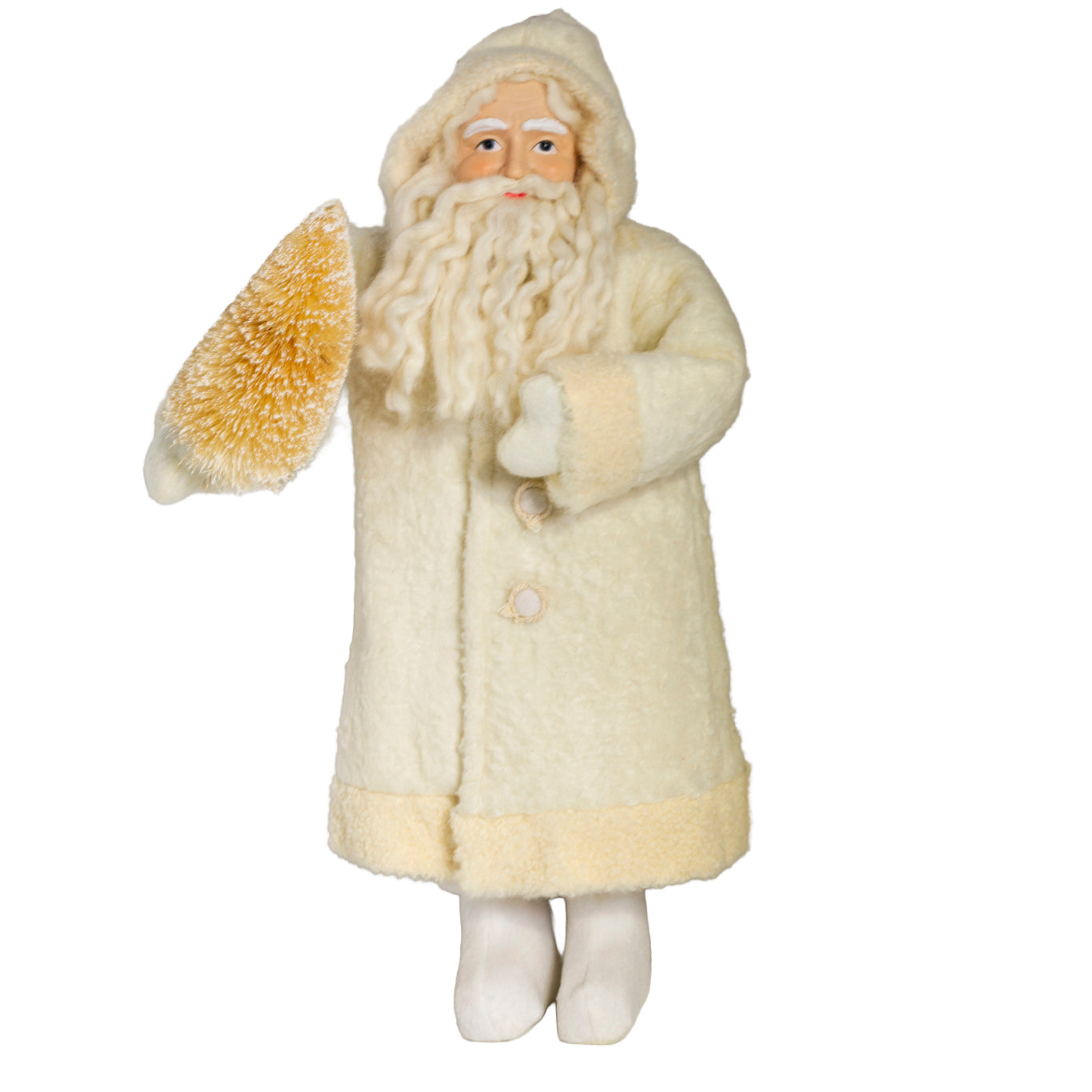 Vintage 1990s Frontgate Father Christmas, 18½" tall, in an ivory fleece coat with a snowy gold bottle brush tree. Front