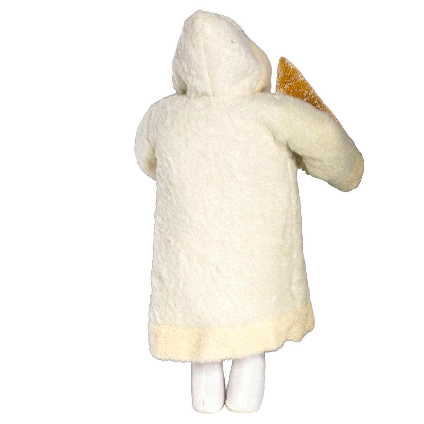 Vintage 1990s Frontgate Father Christmas, 18½" tall, in an ivory fleece coat with a snowy gold bottle brush tree. Rear View