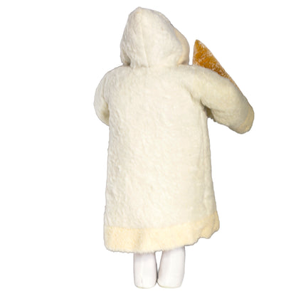 Vintage 1990s Frontgate Father Christmas, 18½" tall, in an ivory fleece coat with a snowy gold bottle brush tree. Rear View