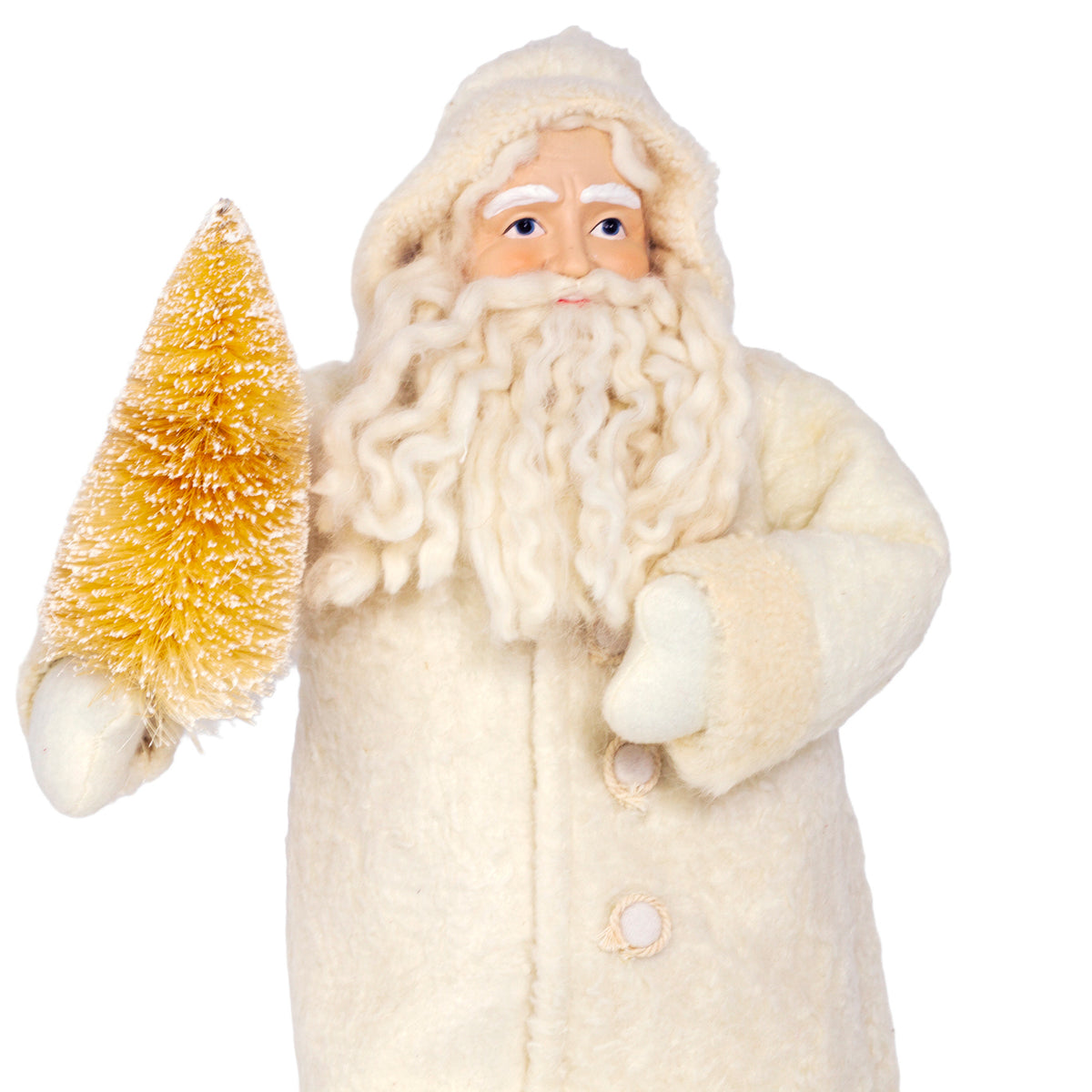 Vintage 1990s Frontgate Father Christmas, 18½" tall, in an ivory fleece coat with a snowy gold bottle brush tree. Close up 2