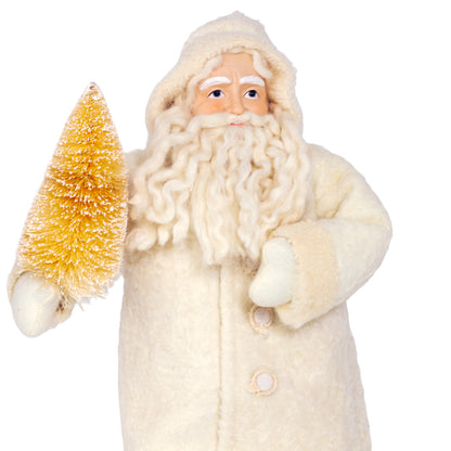 Vintage 1990s Frontgate Father Christmas, 18½" tall, in an ivory fleece coat with a snowy gold bottle brush tree. Close up 2