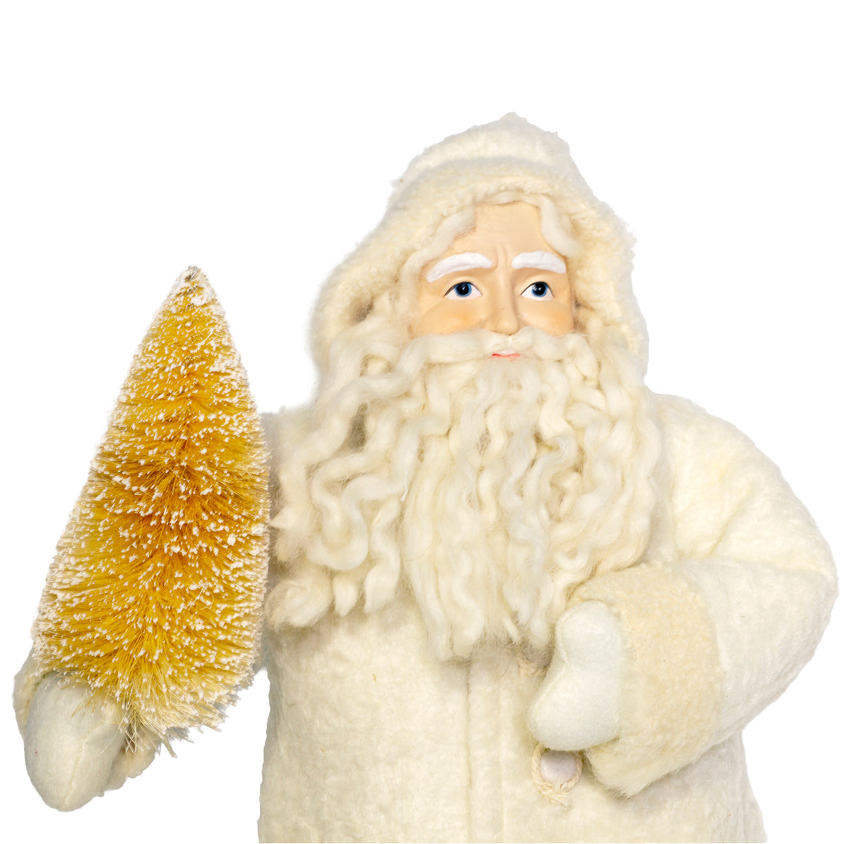 Vintage 1990s Frontgate Father Christmas, 18½" tall, in an ivory fleece coat with a snowy gold bottle brush tree. Close up