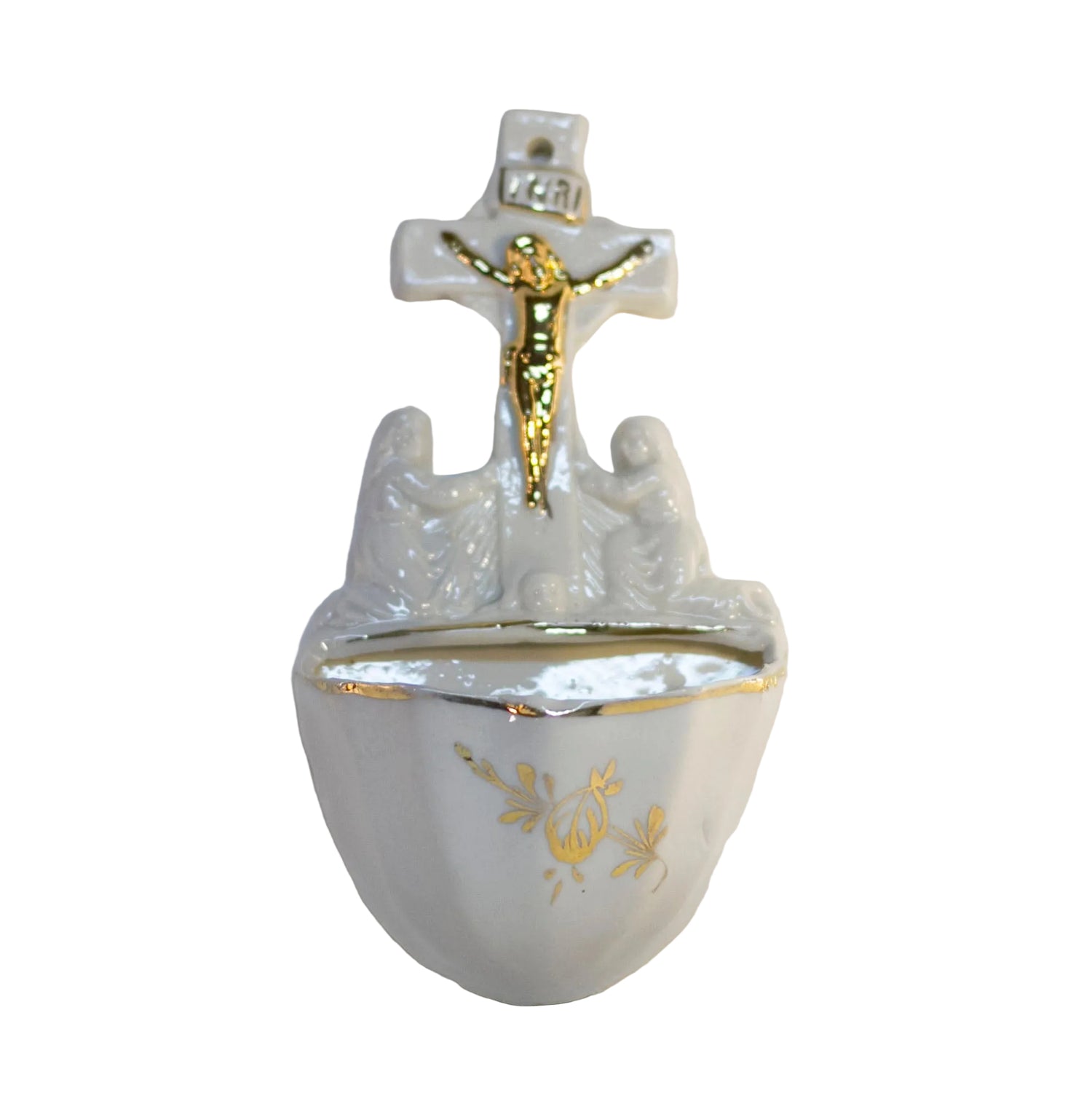 Passion of the Christ Holy Water Font Porcelain Crucifix Wall Font Gold Gilt