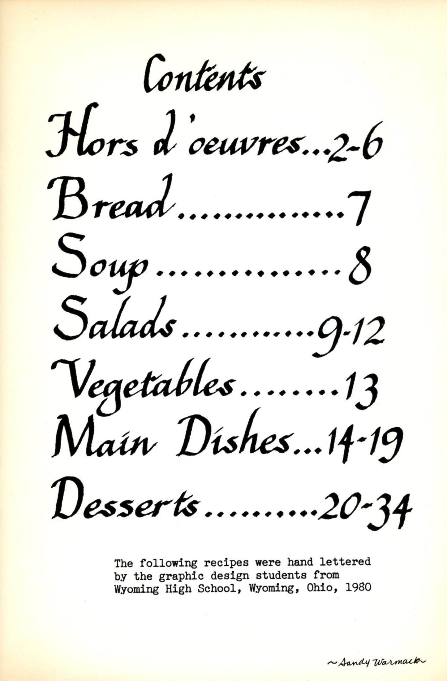 RECIPES: Wyoming High School  | Wyoming Ohio | Circa 1980 CONTENTS PAGE