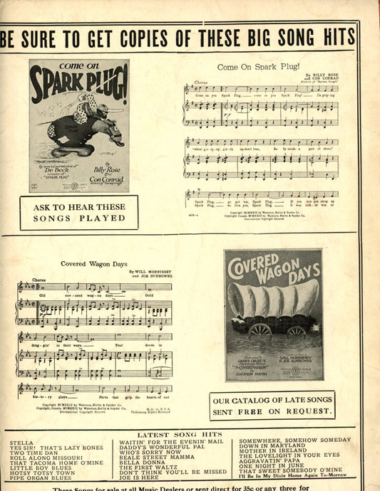 1923 “You’re In Love With Every One” – Flapper Cover Sheet Music | Henderson & Dixon Back Cover with Spark Plug and Covered Wagon Days