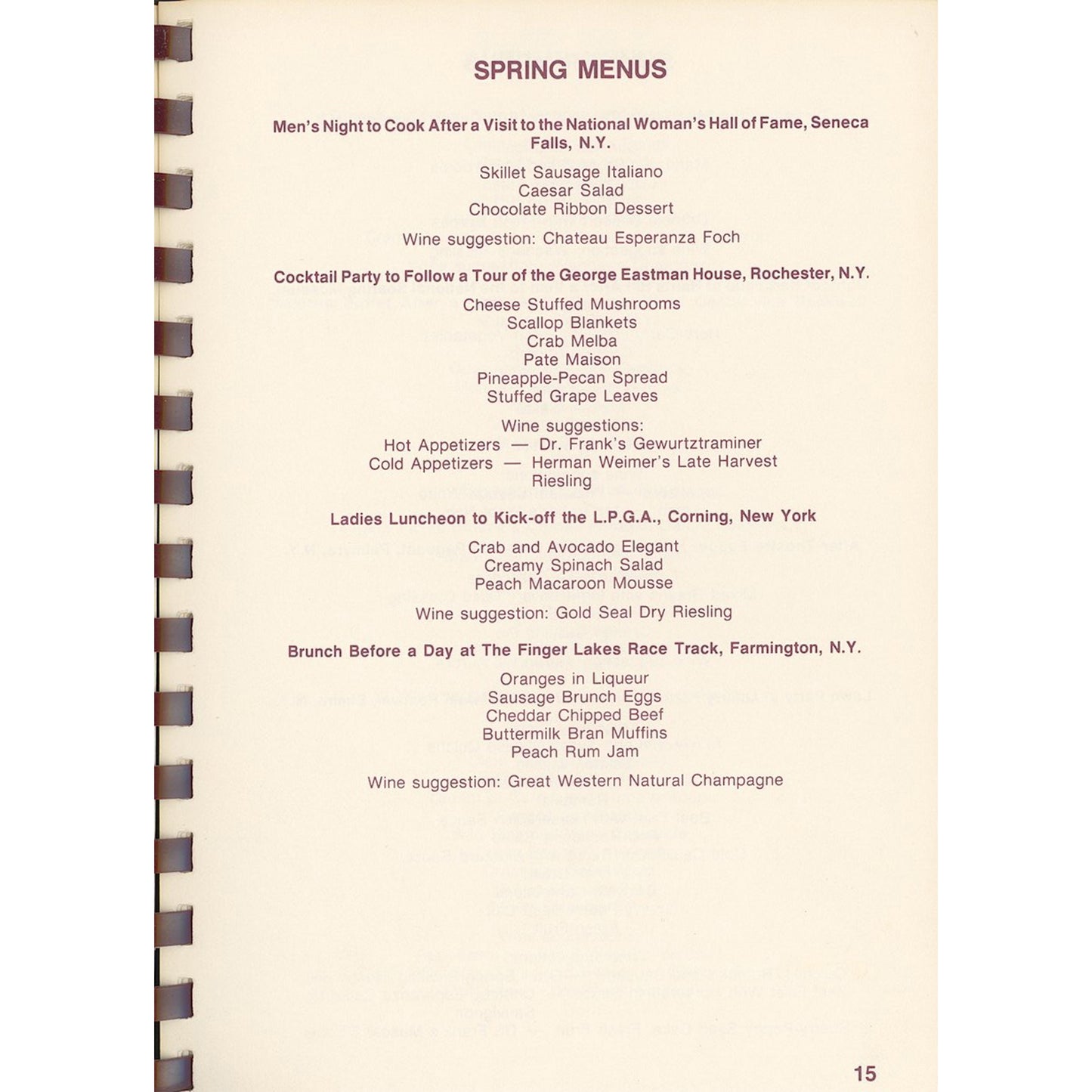 Thru the Grapevine cookbook, 6th printing. Near‑mint. 635 recipes, winery chapter, regional history. Southern Living Hall of Fame winner. Spring Menus