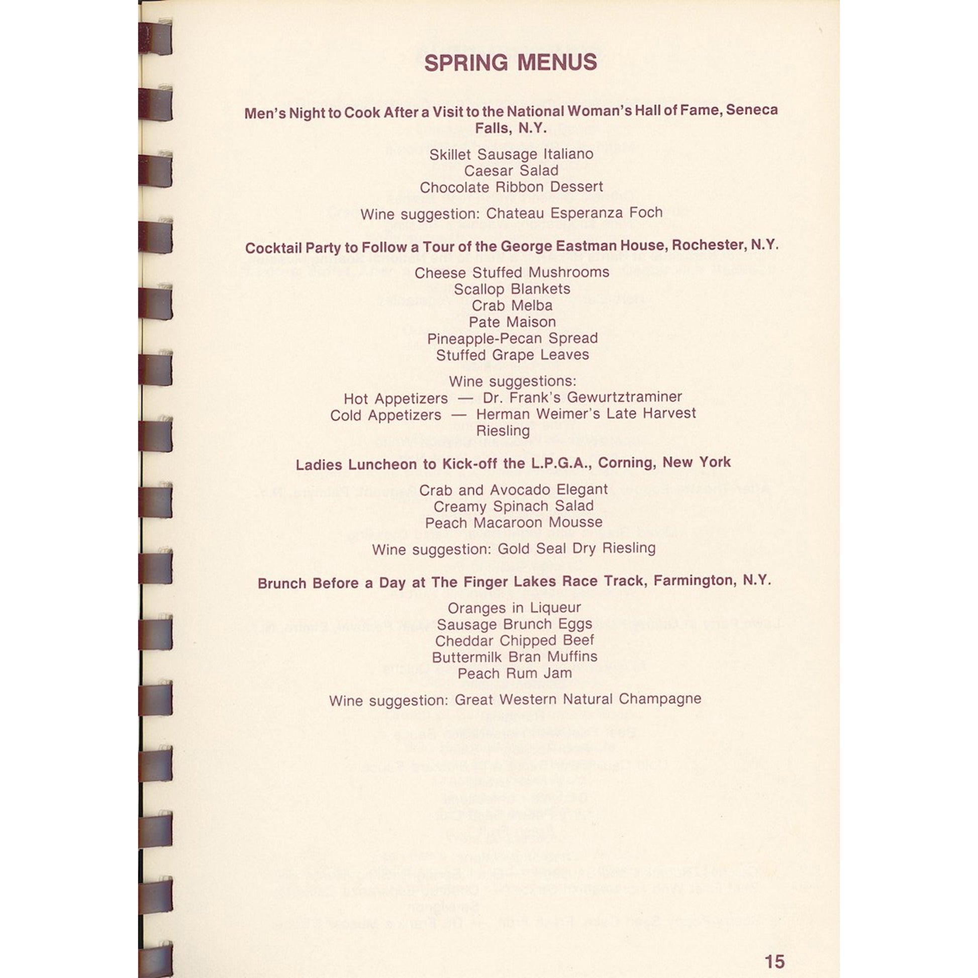 Thru the Grapevine cookbook, 6th printing. Near‑mint. 635 recipes, winery chapter, regional history. Southern Living Hall of Fame winner. Spring Menus
