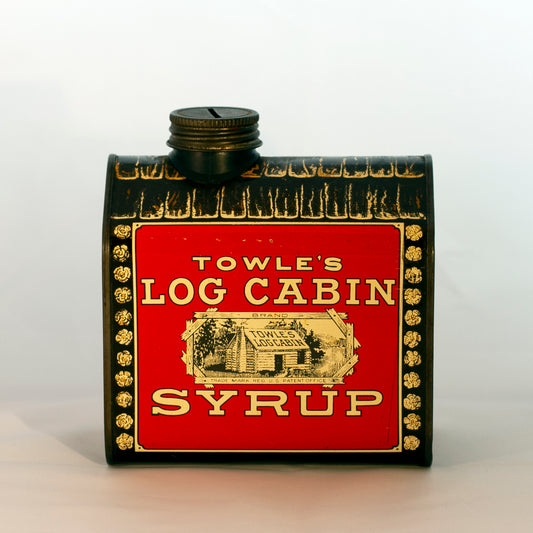 Lithographed TOWLE’S LOG CABIN SYRUP TIN COIN BANK "Boy in Doorway" Circa 1979