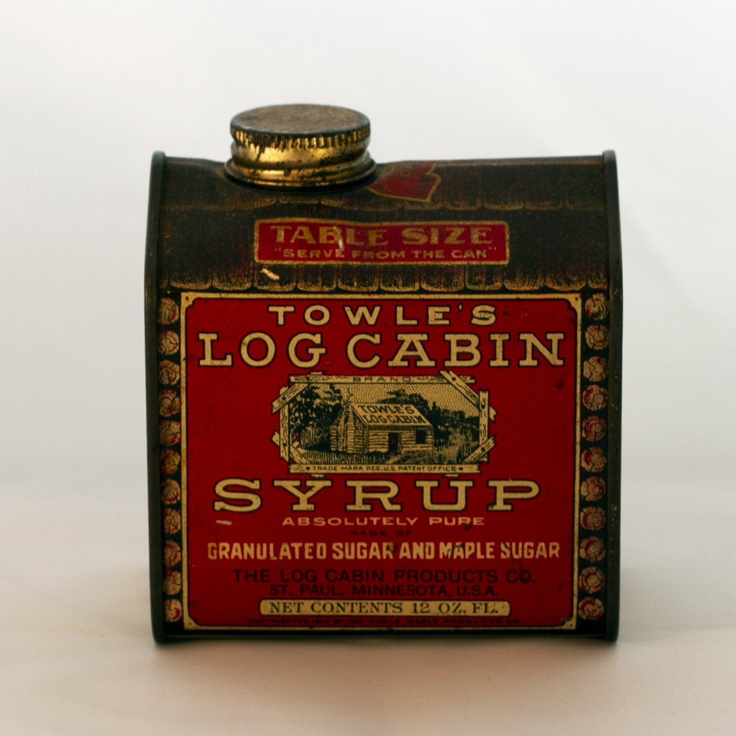 Antique TOWLE’S LOG CABIN SYRUP TIN Copyright 1914 "Boy in Doorway" Jack Towle 12-Ounce Capacity
