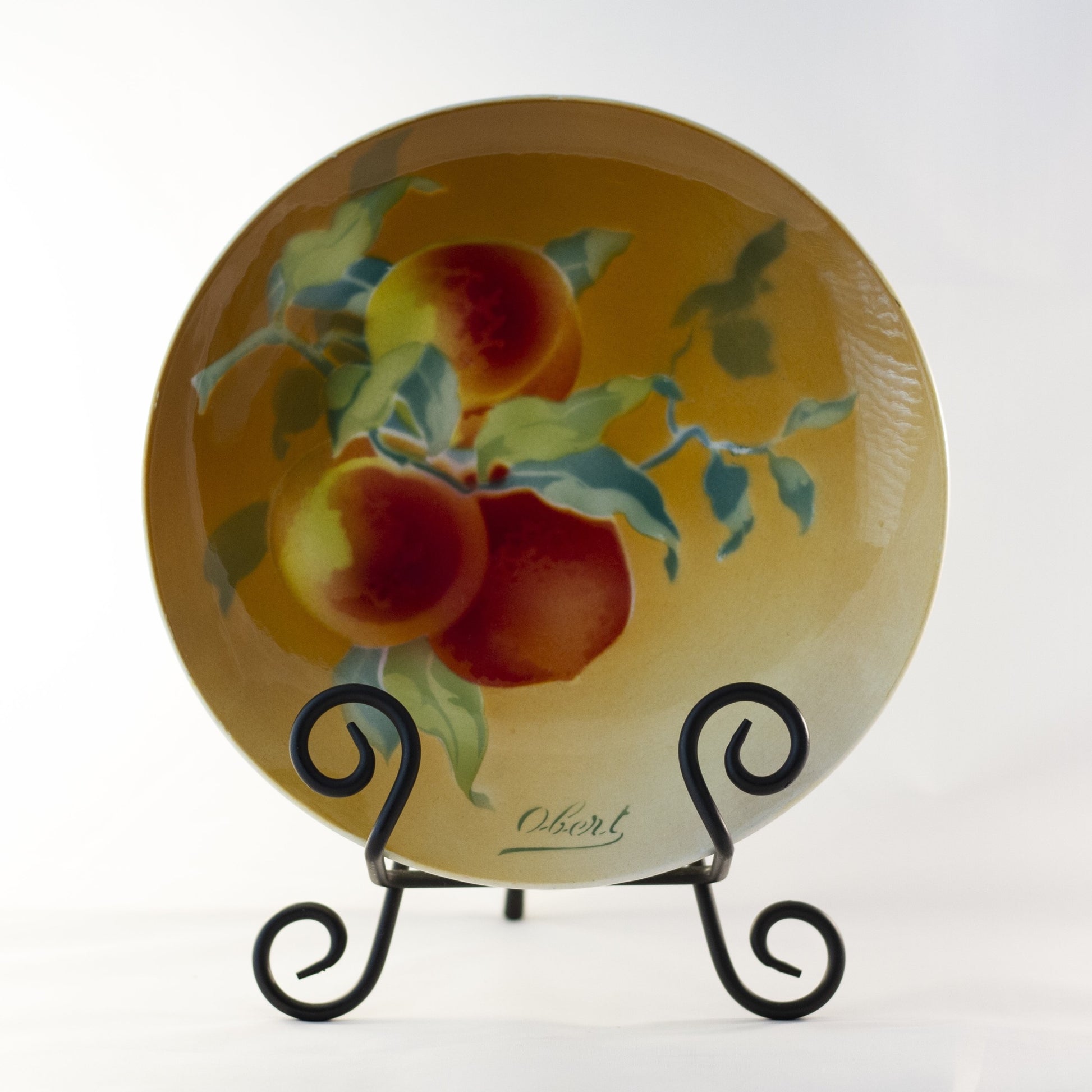 K & G LUNÉVILLE FRENCH FAIENCE PLATE HAND PAINTED PEACHES 8 ½” Signed Obert Circa 1900