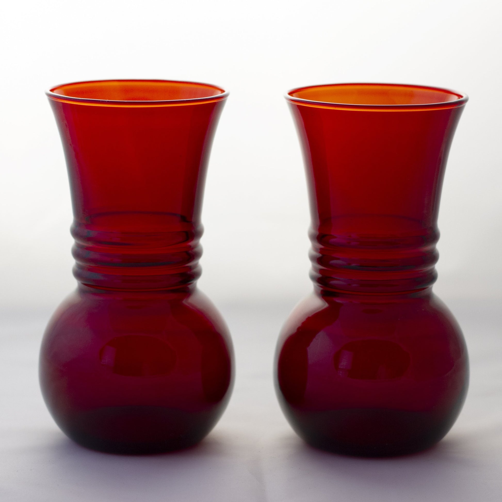 Mid-Century ROYAL RUBY TRIPLE RING FLARED VASES Anchor Hocking Set of Two (2)