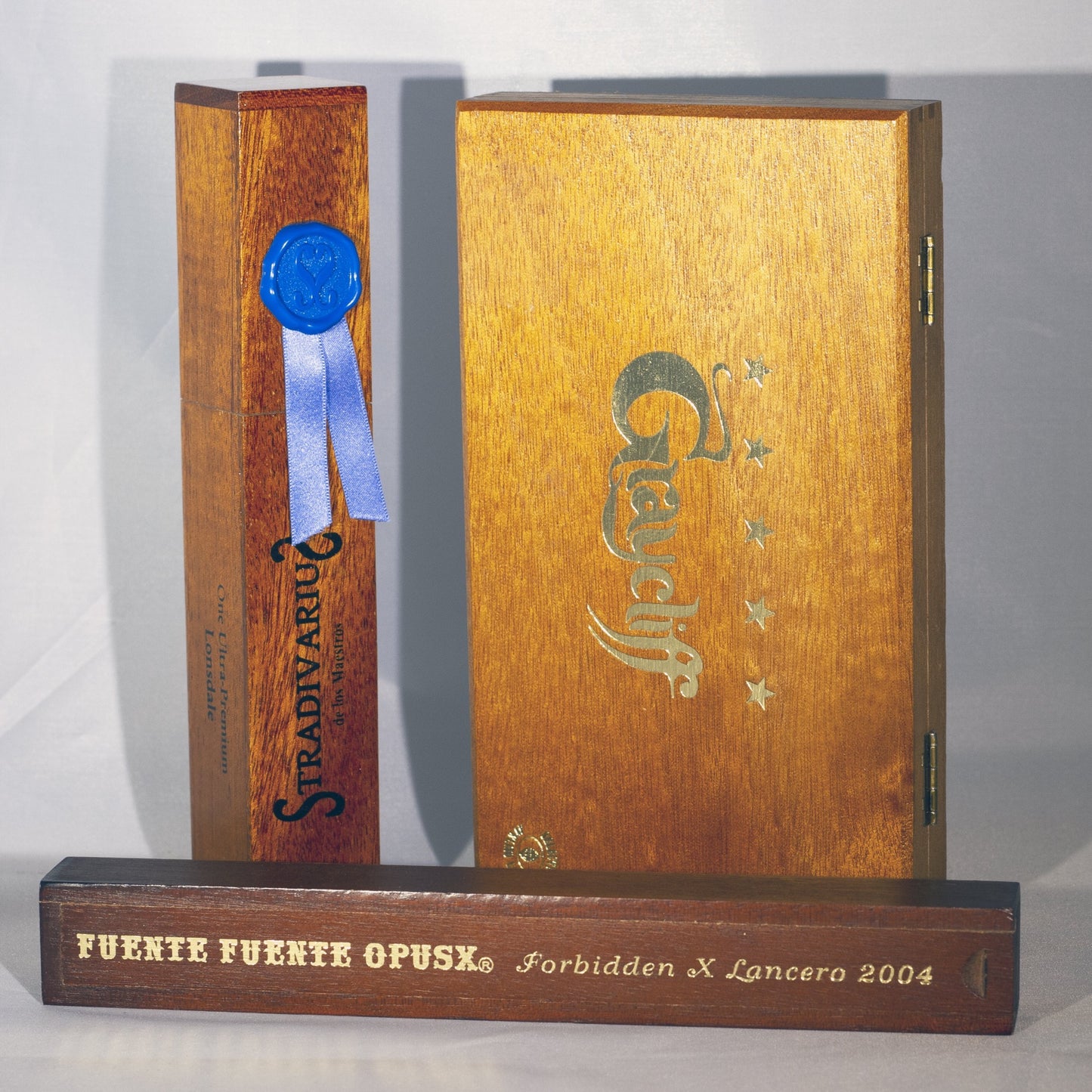 Set of Three WOODEN CIGAR BOXES Includes GRAYCLIFFE, FUENTE OPUSX AND CHURCHILL STRADIVARIUS