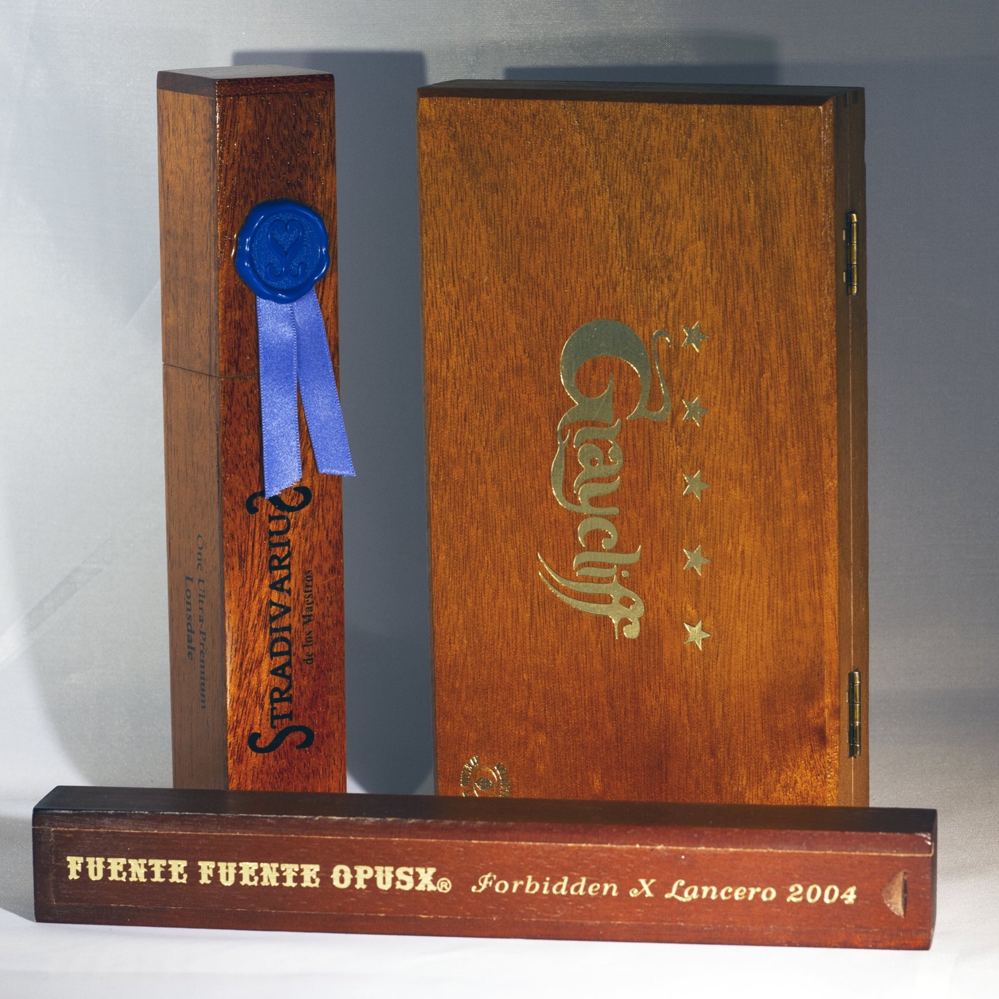 Set of Three WOODEN CIGAR BOXES Includes GRAYCLIFFE, FUENTE OPUSX AND CHURCHILL STRADIVARIUS