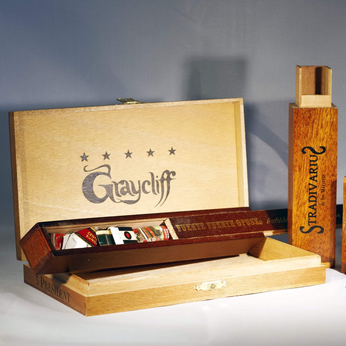 Set of Three WOODEN CIGAR BOXES Includes GRAYCLIFFE, FUENTE OPUSX AND CHURCHILL STRADIVARIUS