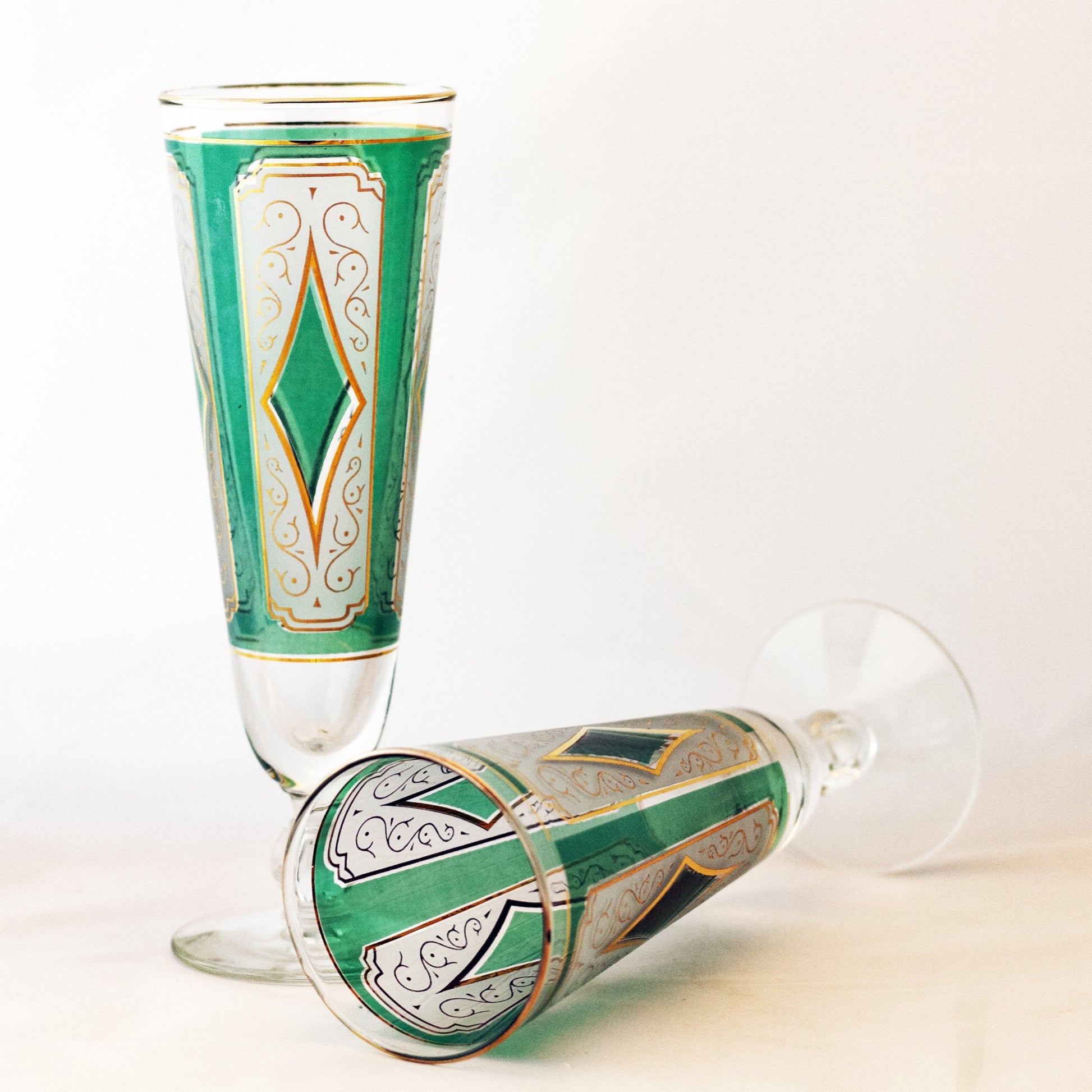 Libbey Glass Retro Barware EMERALD DIAMOND PILSNER GLASSES Set of Two Circa 1950s to 1960s