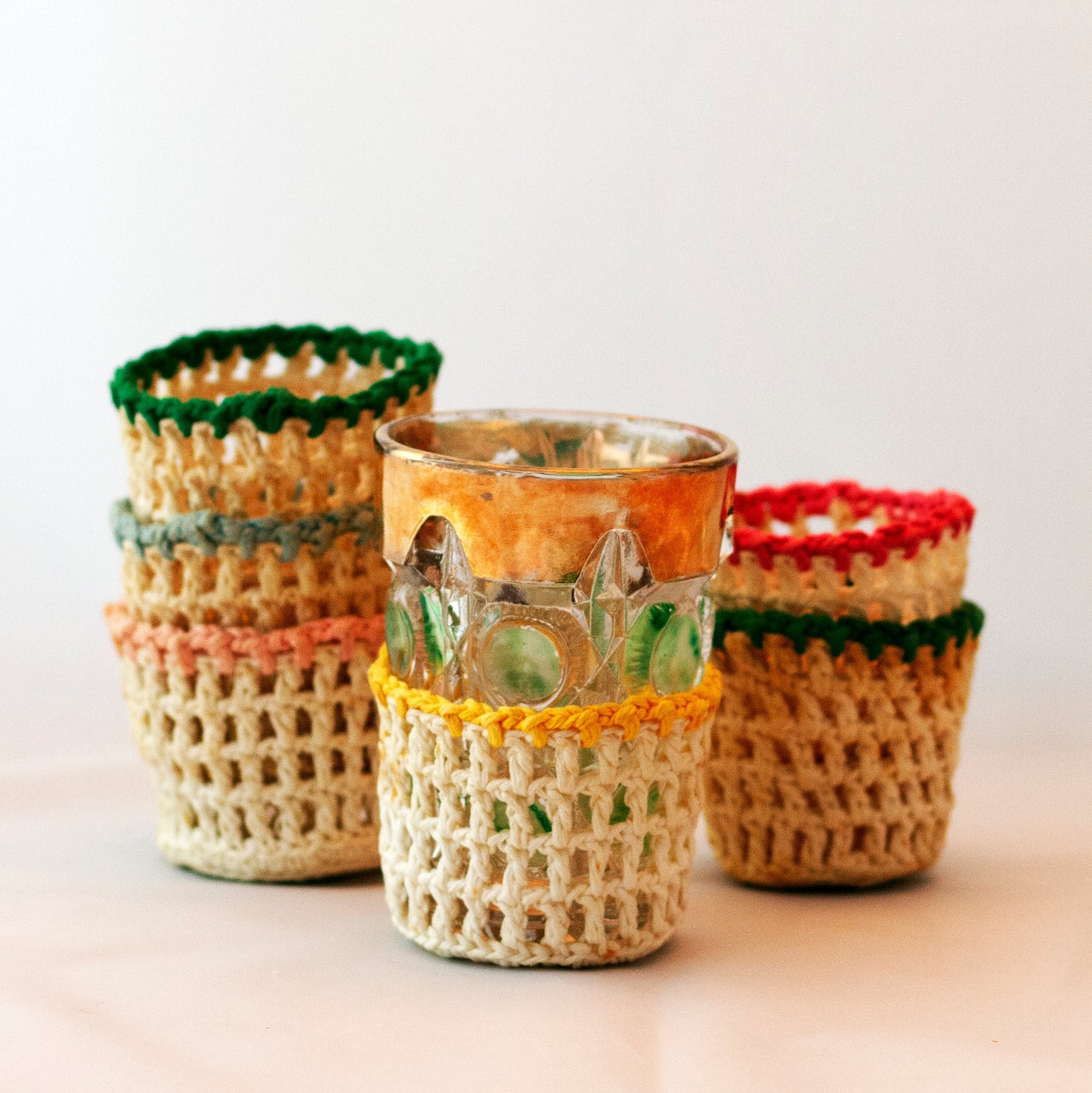 Vintage MULTI-COLORED RIM HAND CROCHETED DRINK SLEEVES