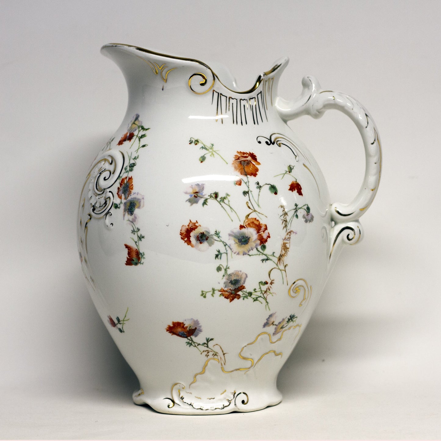 DOULTON BURSLEM Large Water Pitcher with Poppies and Gold Gilt Circa 1891 to 1902