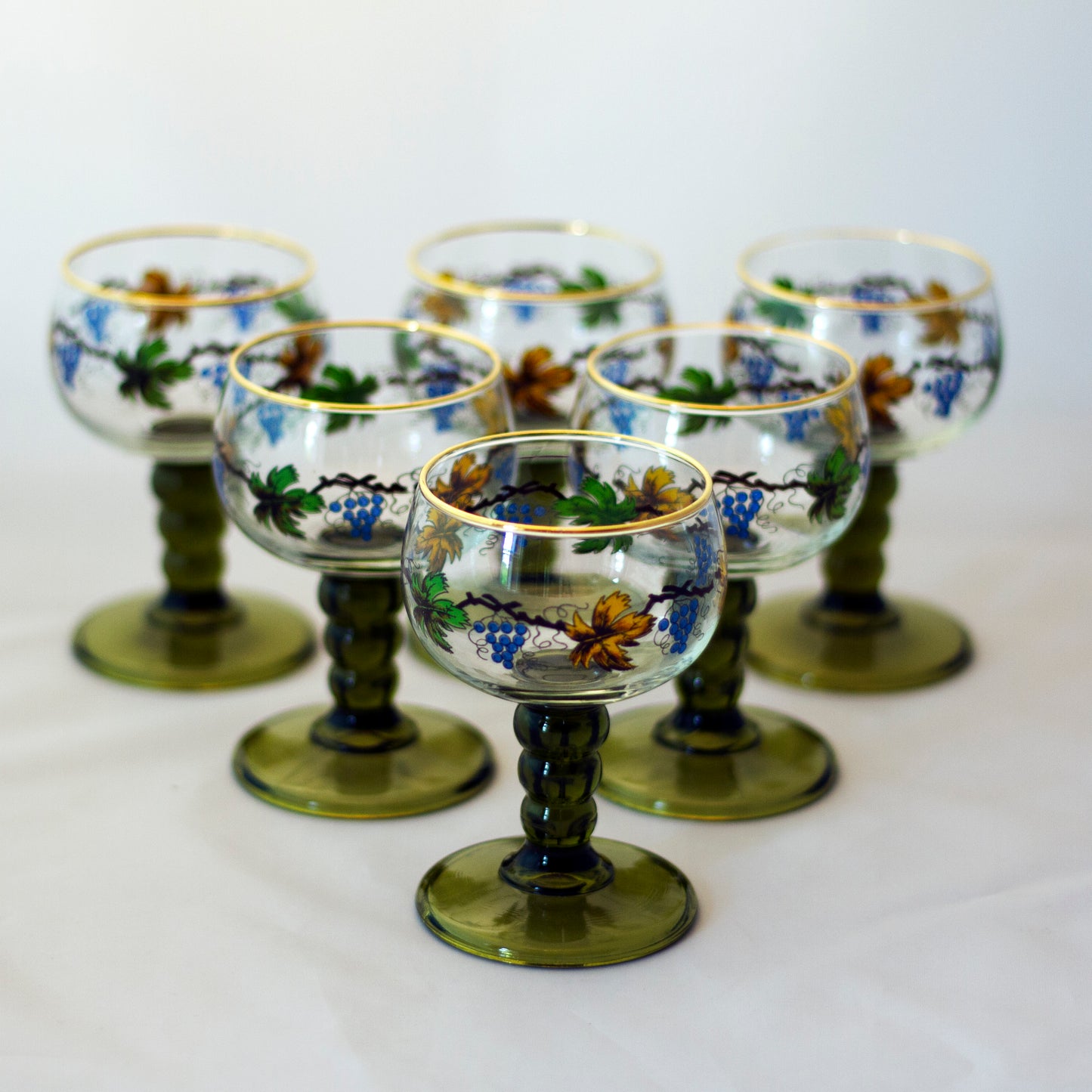 Retro Barware RÖMER EDELGLAS WIEN Hand Painted Grape & Vine Pattern Goblets Set of Six