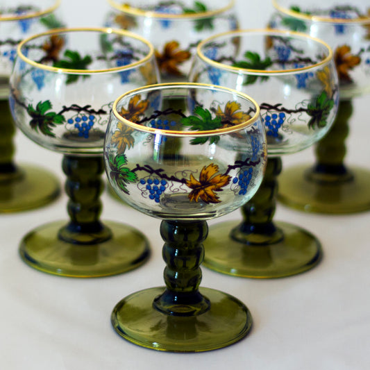 Retro Barware RÖMER EDELGLAS WIEN Hand Painted Grape & Vine Pattern Goblets Set of Six