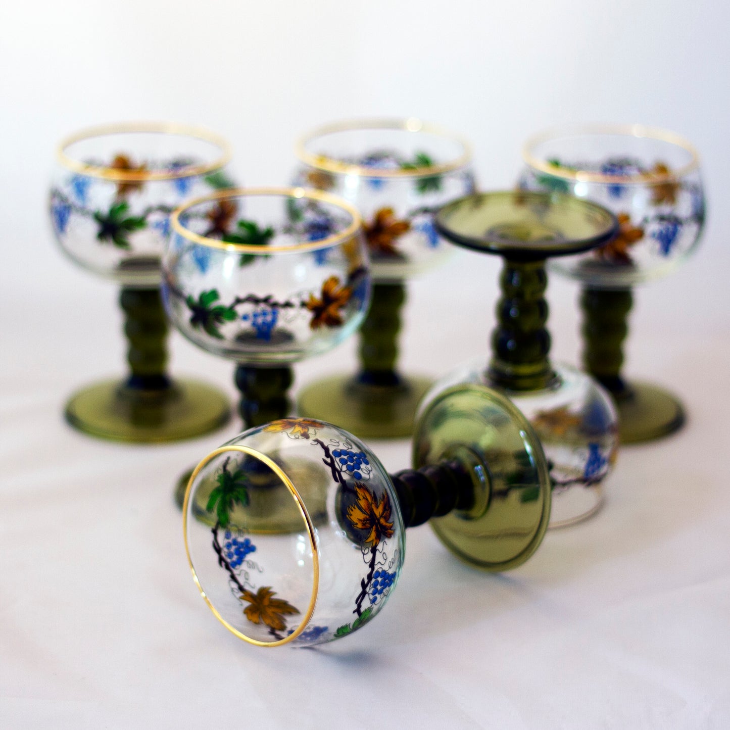 Retro Barware RÖMER EDELGLAS WIEN Hand Painted Grape & Vine Pattern Goblets Set of Six