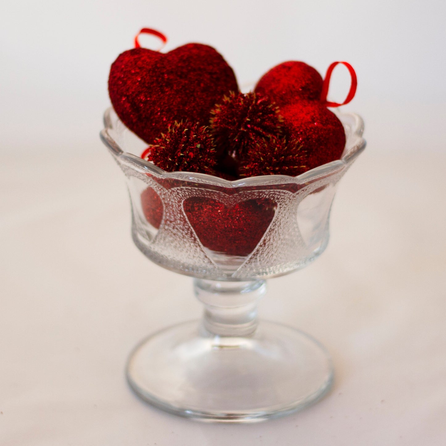 Vintage Pressed Glass SMALL COMPOTE or CANDY DISH Featuring Hearts