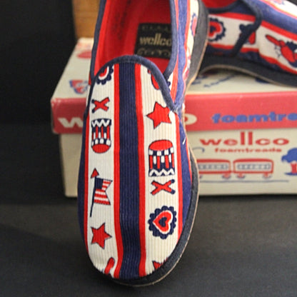 WELLCO FOAMTREADS '76 BICENTENNIAL Stars and Stripes Corduroy Slippers New Old Stock with Box