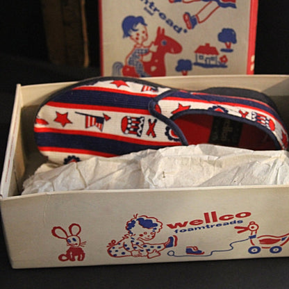 WELLCO FOAMTREADS '76 BICENTENNIAL Stars and Stripes Corduroy Slippers New Old Stock with Box
