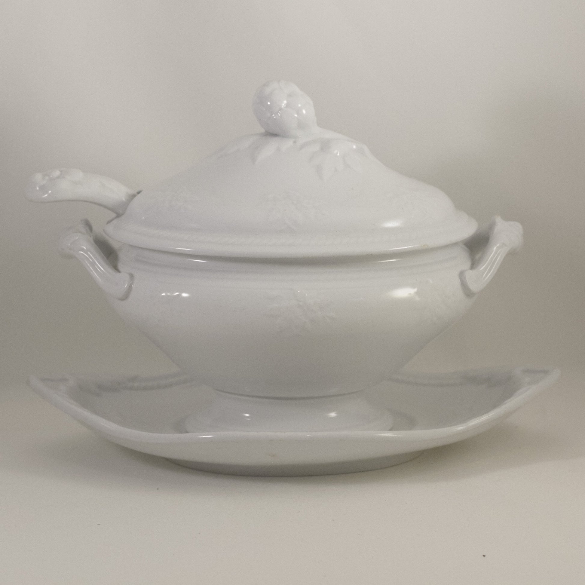 Vintage White Ironstone Soup Tureen with Ladle and Under Plate