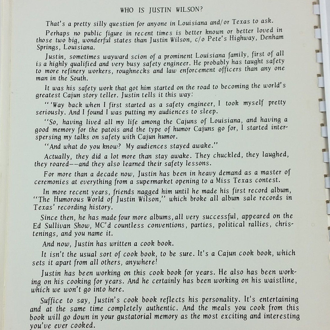 Vintage "The Justin Wilson Cook Book" Spiral-Bound Copyright 1965