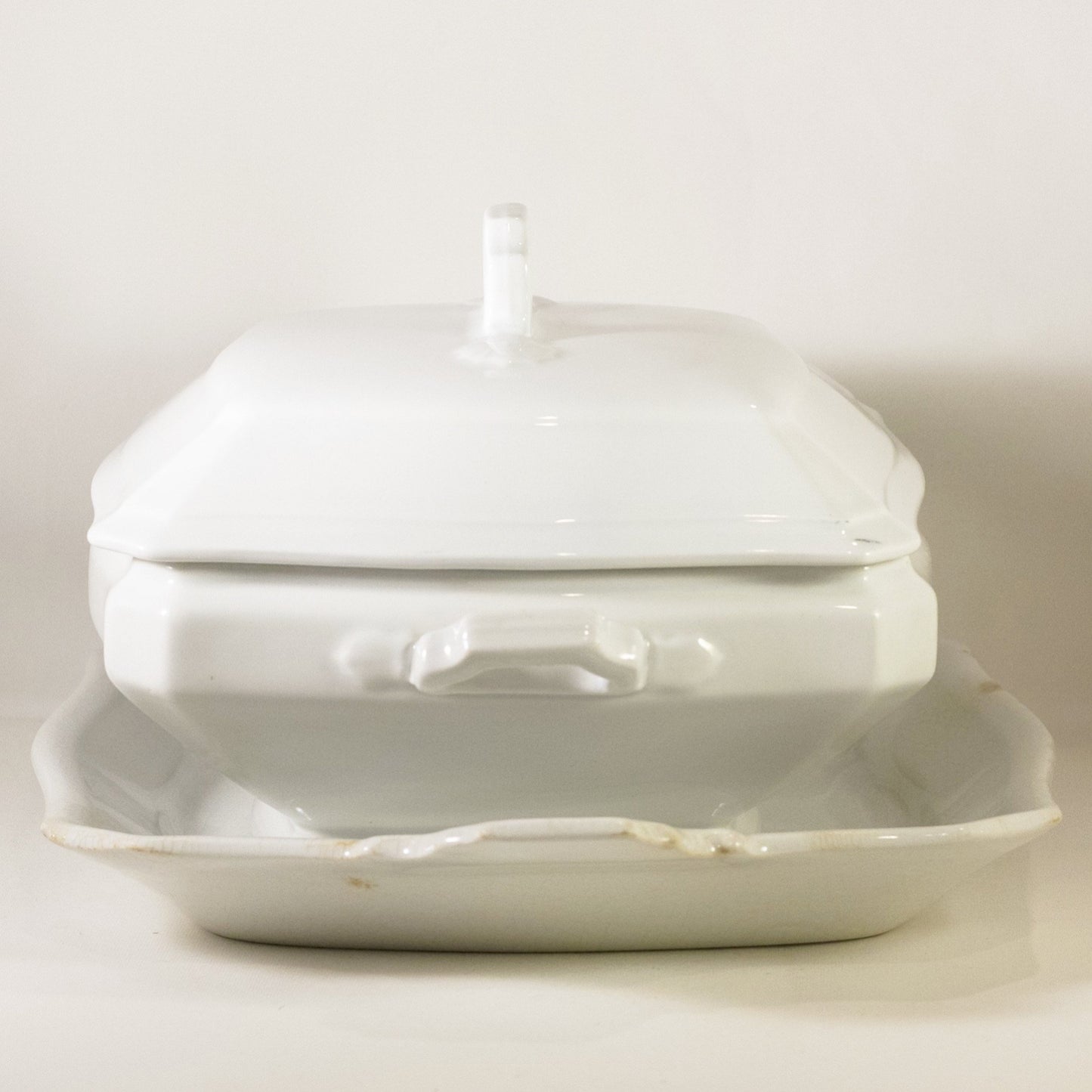 CLASSIC BLOCK OPTIC by J & G Meakin Antique Ironstone Square Covered Dish with Underplate Circa 1890