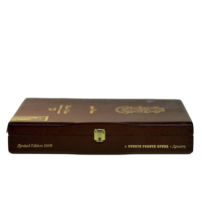 Gift for cigar connoisseur! CHATEAU de la FUENTE WOOD CIGAR BOX for FUENTE FUENTE OPUSX LANCERO cigars. Held 2006 limited-edition set containing 4 rare Fuente Fuente OpusX cigars, photo essay book, Journey to Chateau de la Fuente, and travel size Humidipak. Only 2,500 made and sold; box stamped 803 out of the 2500. 