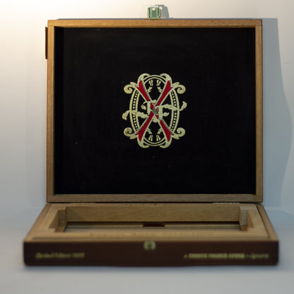 Gift for cigar connoisseur! CHATEAU de la FUENTE WOOD CIGAR BOX for FUENTE FUENTE OPUSX LANCERO cigars. Held 2006 limited-edition set containing 4 rare Fuente Fuente OpusX cigars, photo essay book, Journey to Chateau de la Fuente, and travel size Humidipak. Only 2,500 made and sold; box stamped 803 out of the 2500. 
