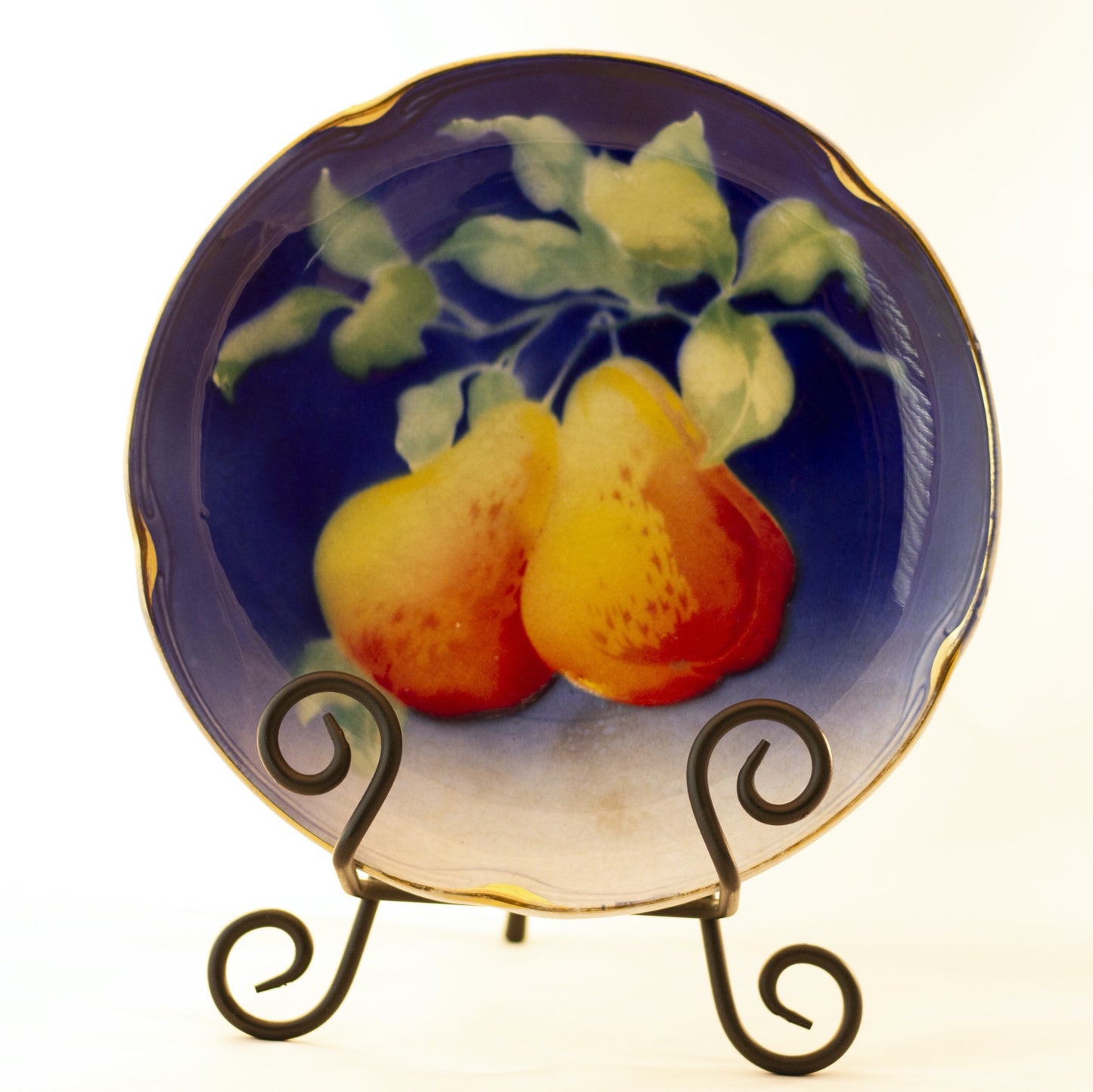 K & G LUNÉVILLE FRENCH FAIENCE PLATE HAND PAINTED PEARS 8 ½” Gold Gilt Rim Circa 1890