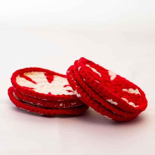 HAND CROCHETED RED & WHITE GLASSWARE COASTERS