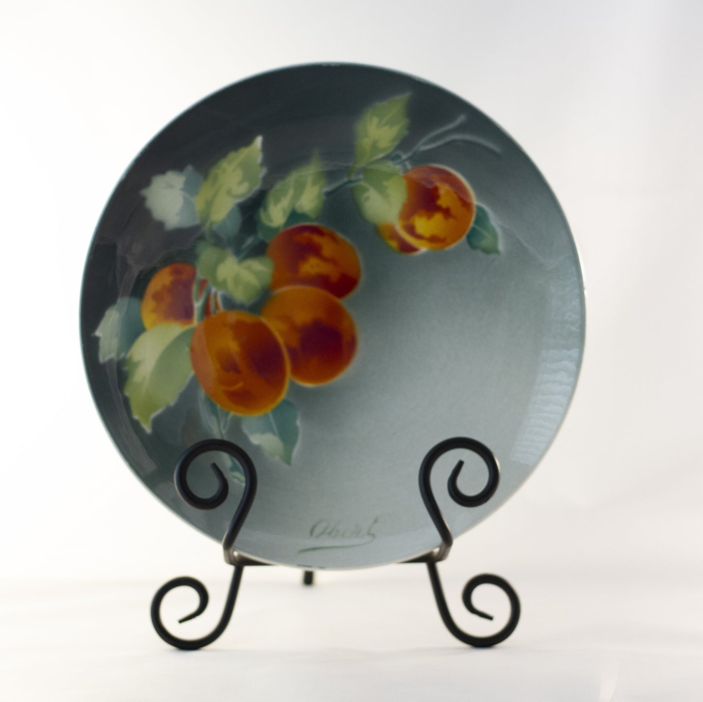 K & G LUNÉVILLE FRENCH FAIENCE PLATE HAND PAINTED APRICOTS 8 ½” Signed Obert Circa 1900