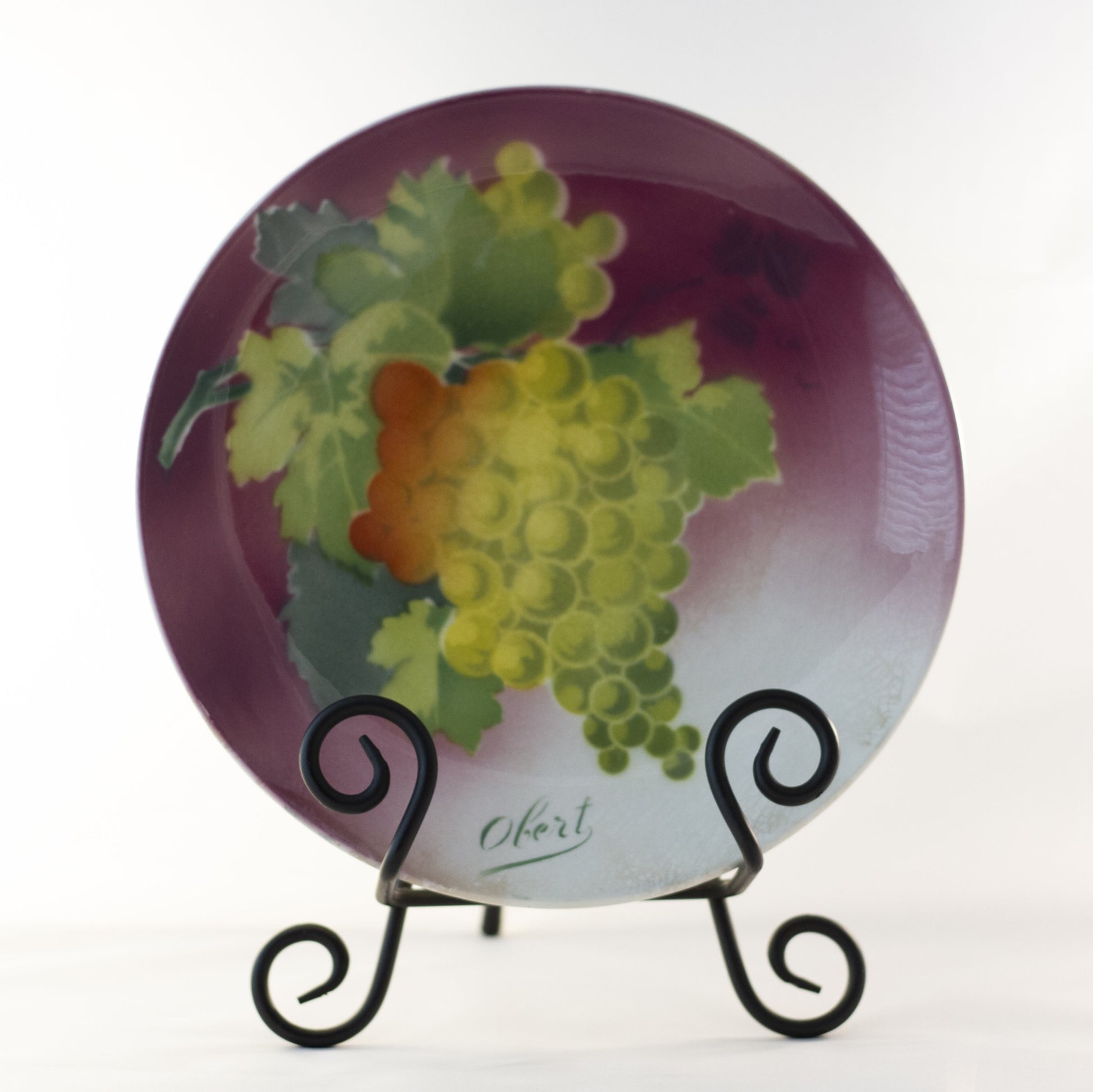 K & G LUNÉVILLE FRENCH FAIENCE PLATE HAND PAINTED GRAPES 8 ½” Signed Obert Circa 1900