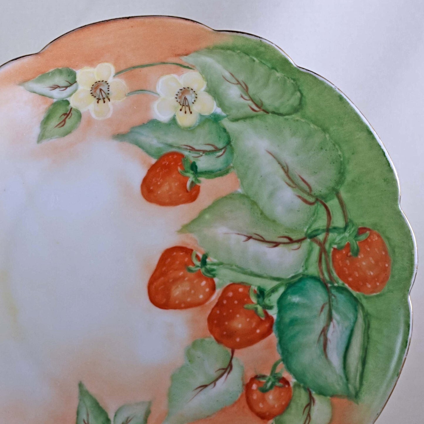 BAVARIA PORCELAIN PLATE Hand Painted with Strawberries and Blossoms Circa 1940s